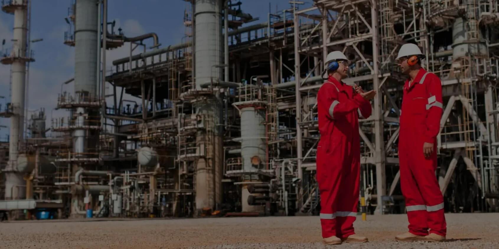 two employees talking in front of a refinery